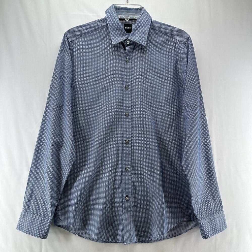 HUGO BOSS Shirt Mens S Regular Fit Polka Dot Button Down Long Sleeve Cotton Blue